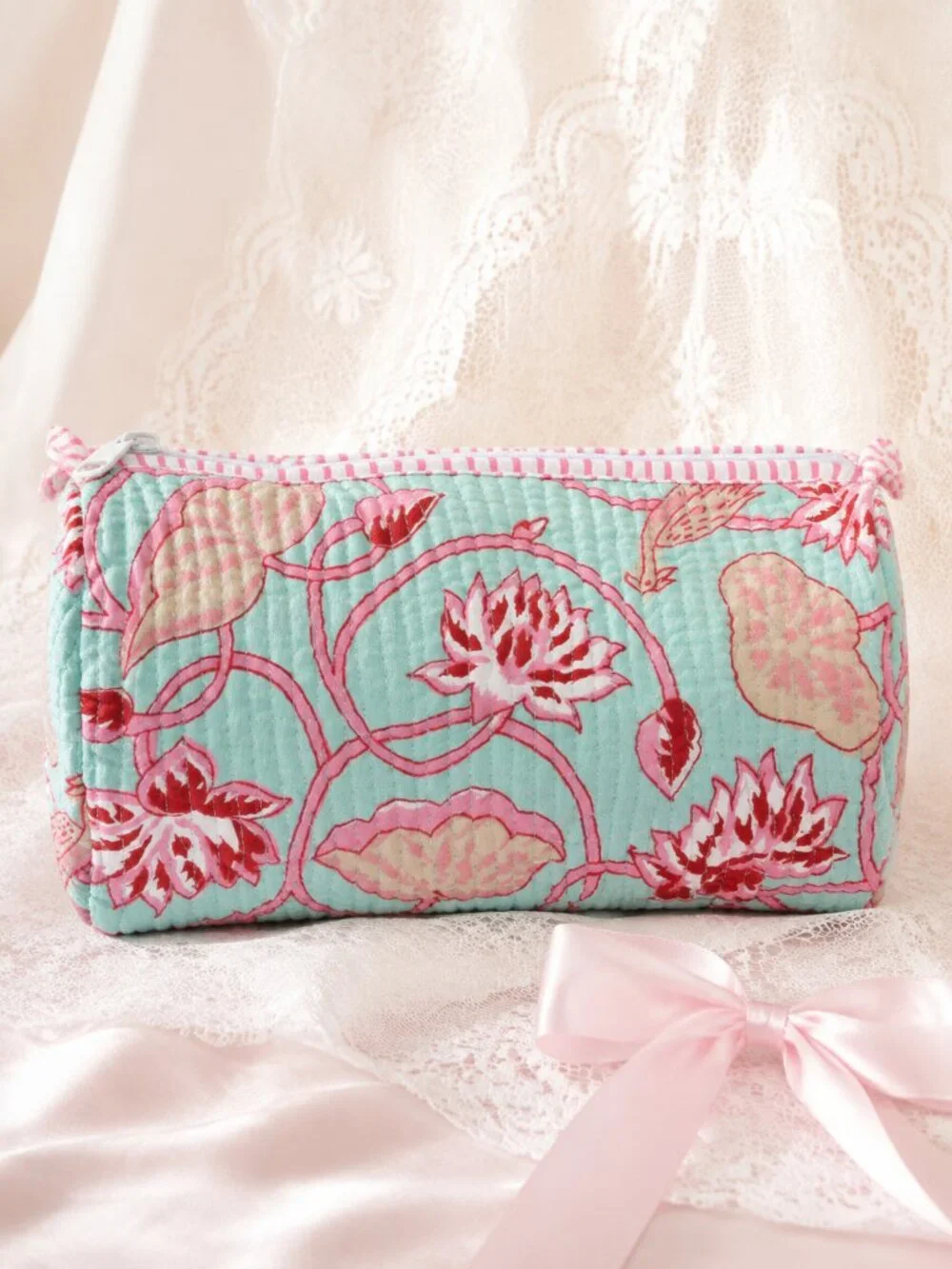 Large Makeup Storage Pink Floral Fabric Coquette Style Quilted Cosmetic Bag